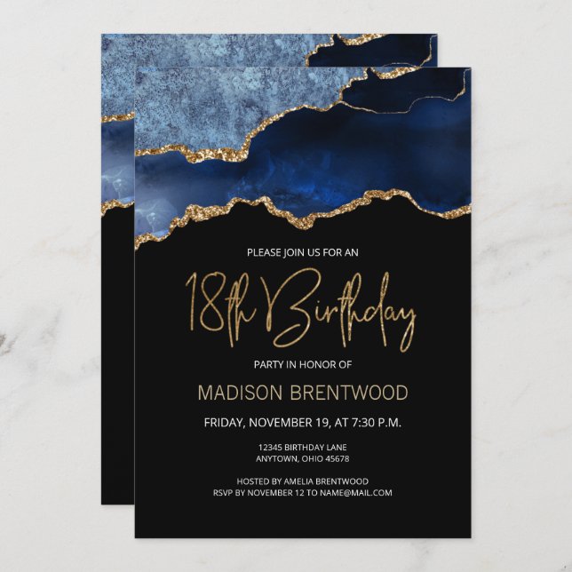Agate Geode Blue Gold 18th Birthday Party Invitation (Front/Back)