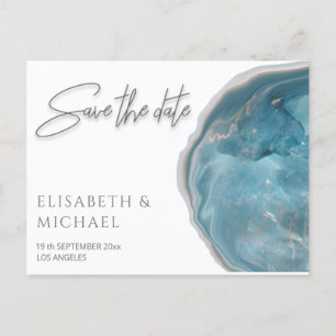 Agate geode blue rose gold calligraphy announcement postcard