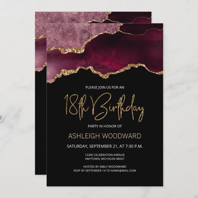 Agate Geode Burgundy Gold 18th Birthday Party Invitation (Front/Back)