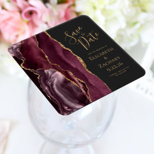 Agate Geode Burgundy Gold Dark Save the Date Square Paper Coaster