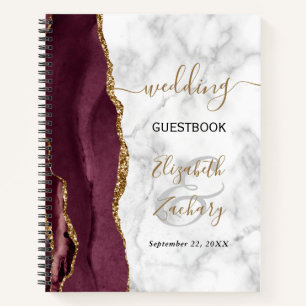 Agate Geode Burgundy Gold Marble Wedding Guest Notebook