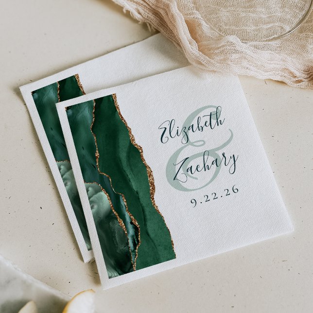 Agate Geode Emerald Green Script Gold Wedding Napkin (Creator Uploaded)