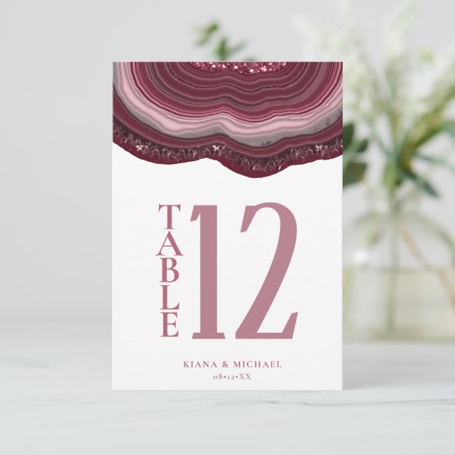 Agate Geode Glitter Table Number Burgundy ID647 (Standing Front)