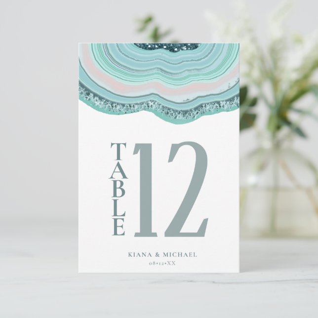 Agate Geode Glitter Table Number Teal ID647 (Standing Front)