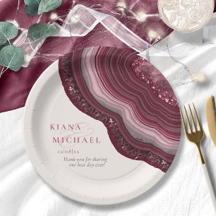 Agate Geode Glitter Wedding Burgundy ID647 Paper Plate