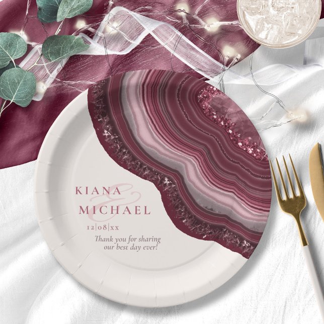 Agate Geode Glitter Wedding Burgundy ID647 Paper Plate (Creator Uploaded)