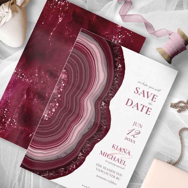 Agate Geode Glitter Wedding Burgundy ID647 Save The Date (Creator Uploaded)