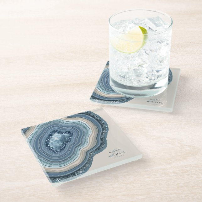 Agate Geode Glitter Wedding Dusty Blue ID647 Glass Coaster (Angled)