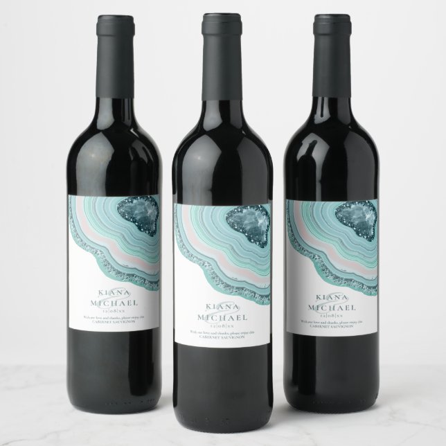 Agate Geode Glitter Wedding Teal ID647 Wine Label (Bottles)