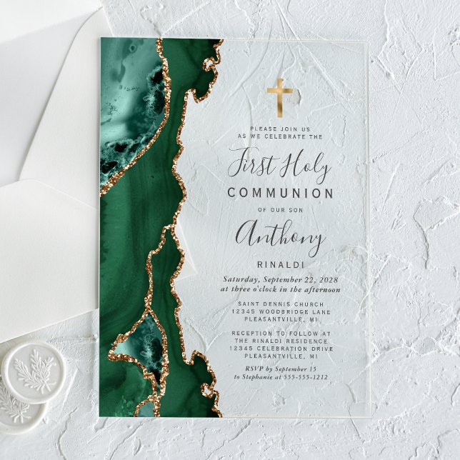Agate Geode Green Gold First Holy Communion Acrylic Invitations (Creator Uploaded)