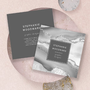 Agate Geode Grey White Silver Faux Glitter Square Business Card