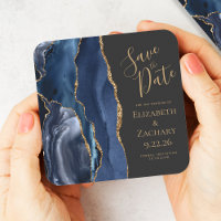 Agate Geode Navy Blue Gold Dark Save the Date