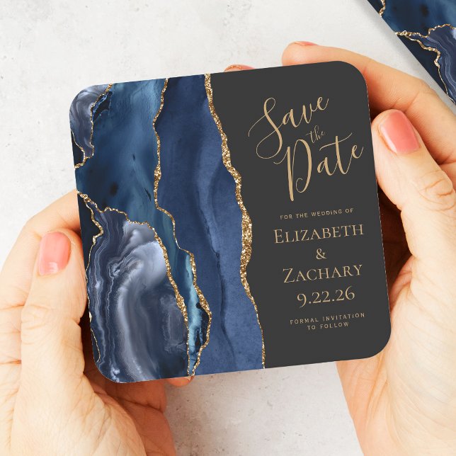 Agate Geode Navy Blue Gold Dark Save the Date Square Paper Coaster (Creator Uploaded)
