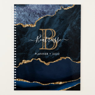 Agate Geode Navy Blue Gold Glitter Monogram Planner