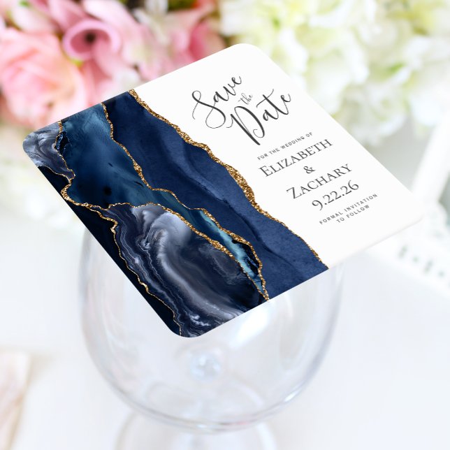 Agate Geode Navy Blue Gold Save the Date Square Paper Coaster (Creator Uploaded)