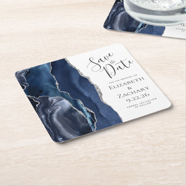 Agate Geode Navy Blue Silver Save the Date Square Paper Coaster (Angled)