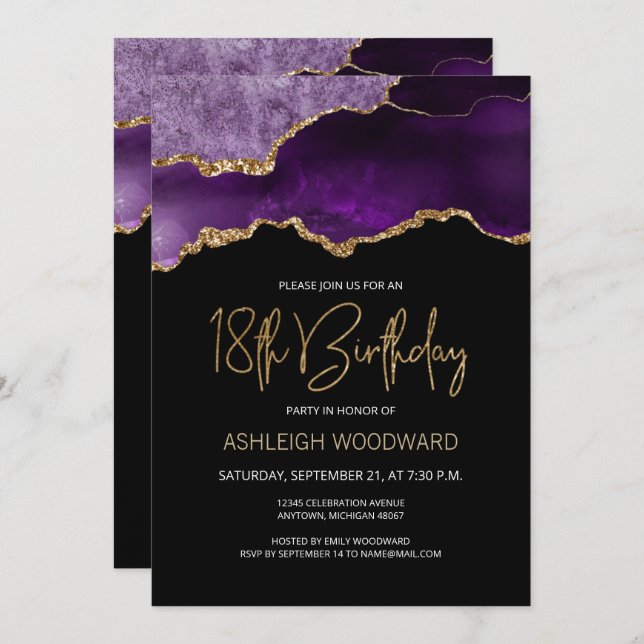 Agate Geode Purple Gold 18th Birthday Party Invitation (Front/Back)