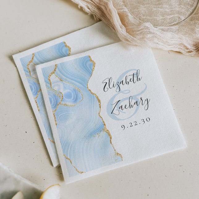 Agate Geode Script Baby Blue Gold Wedding Napkin (Creator Uploaded)