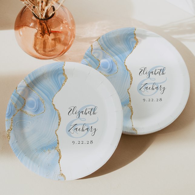 Agate Geode Script Baby Blue Gold Wedding Paper Plate (Creator Uploaded)