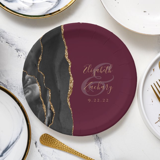 Agate Geode Script Black Gold Burgundy Paper Plate (Creator Uploaded)