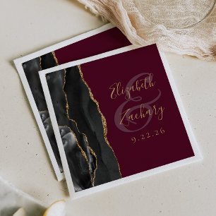 Agate Geode Script Black Gold Burgundy Wedding Napkin