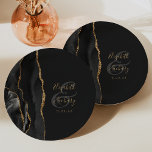 Agate Geode Script Black Gold Dark Paper Plate<br><div class="desc">These elegant modern wedding plates feature a black watercolor design trimmed with faux gold glitter. Easily customise the gold coloured text on an off-black background,  with the names of the bride and groom in handwriting calligraphy over a large grey ampersand.</div>