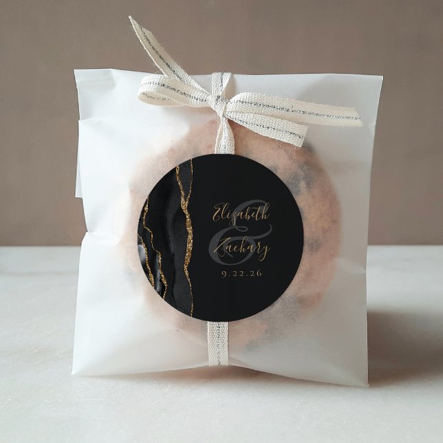 Agate Geode Script Black Gold Dark Wedding Classic Round Sticker (Creator Uploaded)