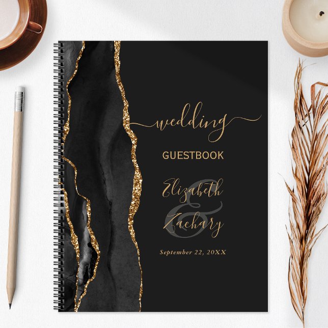 Agate Geode Script Black Gold Dark Wedding Guest Notebook (Creator Uploaded)