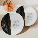 Agate Geode Script Black Gold Paper Plate<br><div class="desc">These elegant modern wedding plates feature a black watercolor design trimmed with faux gold glitter. Easily customise the charcoal grey text on a white background,  with the names of the bride and groom in handwriting calligraphy over a large pale grey ampersand.</div>