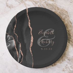 Agate Geode Script Black Rose Gold Dark Wedding Paper Plate