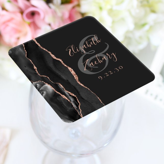 Agate Geode Script Black Rose Gold Dark Wedding Square Paper Coaster (Creator Uploaded)