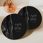 Agate Geode Script Black Silver Dark Wedding Paper Plate<br><div class="desc">These elegant modern wedding plates feature a black watercolor design trimmed with faux silver glitter. Easily customise the silvr grey text on a slate black background,  with the names of the bride and groom in handwriting calligraphy over a large,  pale grey ampersand.</div>