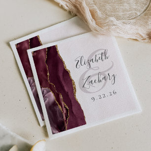 Agate Geode Script Burgundy Gold Blush Wedding Napkin