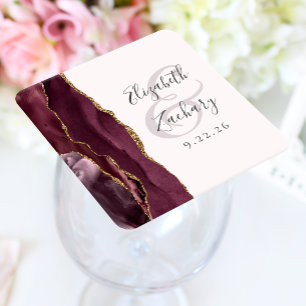 Agate Geode Script Burgundy Gold Blush Wedding Square Paper Coaster