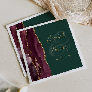 Agate Geode Script Burgundy Gold Green Wedding Napkin