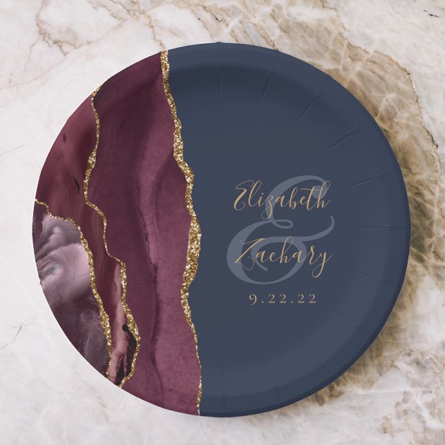 Agate Geode Script Burgundy Gold Navy Blue Paper Plate (Creator Uploaded)