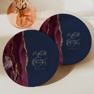 Agate Geode Script Burgundy Gold Navy Blue Paper Plate