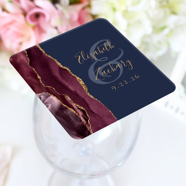 Agate Geode Script Burgundy Gold Navy Blue Wedding Square Paper Coaster (Creator Uploaded)