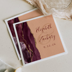 Agate Geode Script Burgundy Gold Peach Wedding Napkin