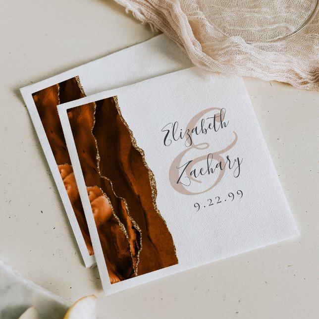 Agate Geode Script Burnt Orange Gold Wedding Napkin (Creator Uploaded)