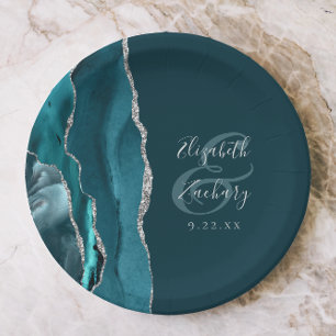 Agate Geode Script Dark Teal Silver Wedding Paper Plate
