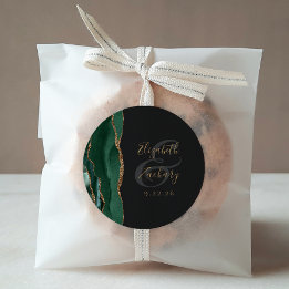 Agate Geode Script Emerald Green Gold Dark Wedding Classic Round Sticker