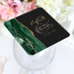 Agate Geode Script Emerald Green Gold Dark Wedding Square Paper Coaster<br><div class="desc">This elegant modern wedding coaster features an emerald green watercolor agate geode design trimmed with faux gold glitter. Easily customise the gold-coloured text on an off-black background,  with the names of the bride and groom in handwriting calligraphy over a large grey ampersand.</div>