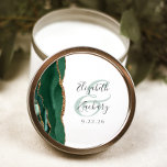 Agate Geode Script Emerald Green Gold Wedding Classic Round Sticker<br><div class="desc">This elegant modern wedding sticker features an emerald green watercolor agate geode design trimmed with faux gold glitter. Easily customise the charcoal grey text on a white background,  with the names of the bride and groom in handwriting calligraphy over a large green ampersand.</div>