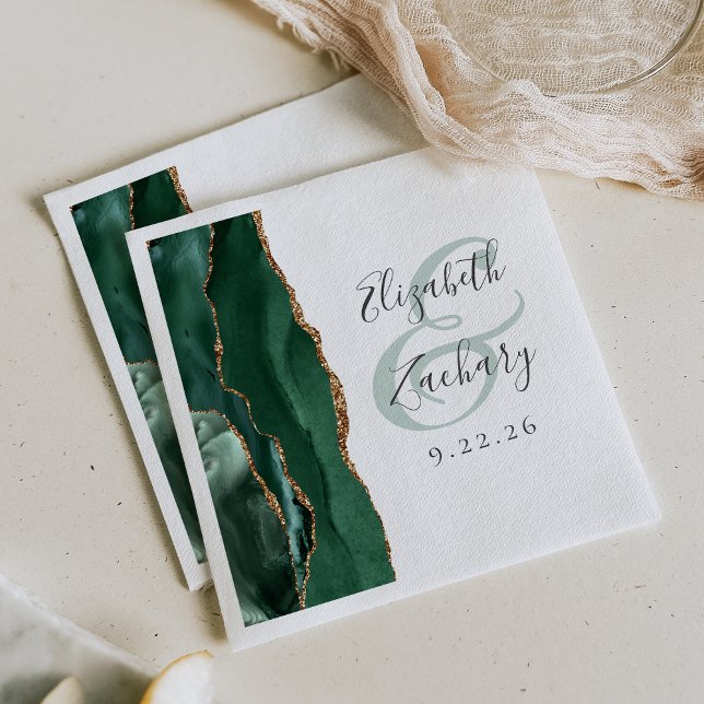 Agate Geode Script Emerald Green Gold Wedding Napkin (Creator Uploaded)