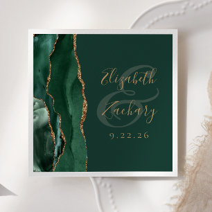Agate Geode Script Emerald Green Gold Wedding Napkin