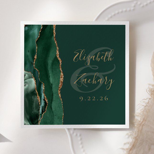 Agate Geode Script Emerald Green Gold Wedding Napkin (Creator Uploaded)