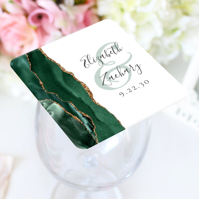 Agate Geode Script Emerald Green Gold Wedding Square Paper Coaster (Creator Uploaded)