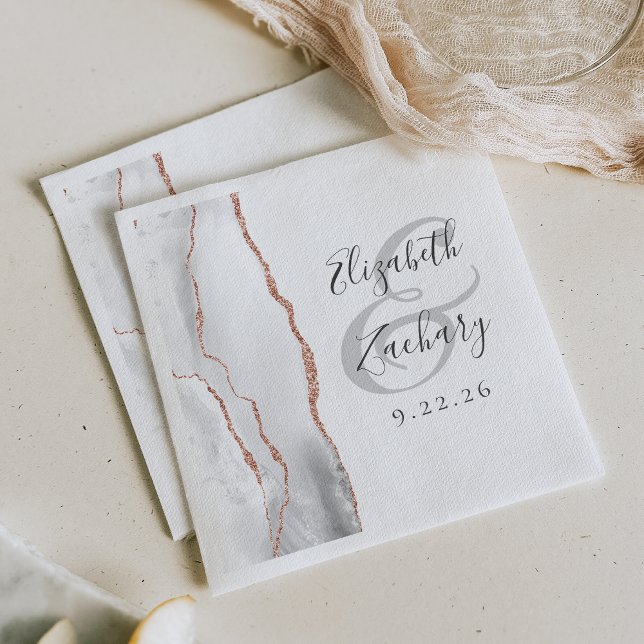 Agate Geode Script Grey White Rose Gold Wedding Napkin (Creator Uploaded)