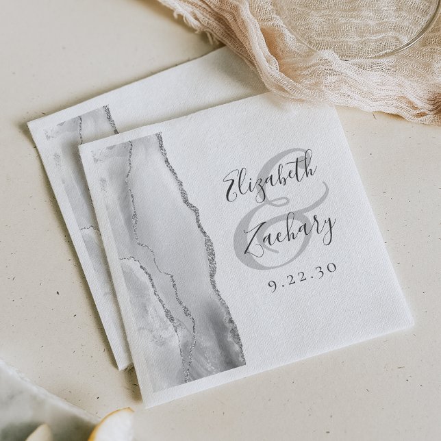 Agate Geode Script Grey White Silver Wedding Napkin (Creator Uploaded)